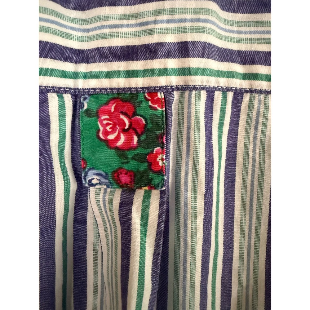Vintage Talbots Striped Cotton Button Down Shirt Floral Trim Blue Green Small - Picture 4 of 4